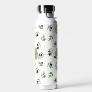 Olive Green Monogram Name Watercolor Chic Pattern Water Bottle