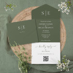 Olive Green Monogram QR Code Wedding All In One Invitation<br><div class="desc">This chic minimalist all-in-one wedding invitation can be personalized with your monogram initials and wedding day information on an olive green background. The invitation includes a perforated RSVP with your wedding website QR code and details. Designed by Thisisnotme©</div>