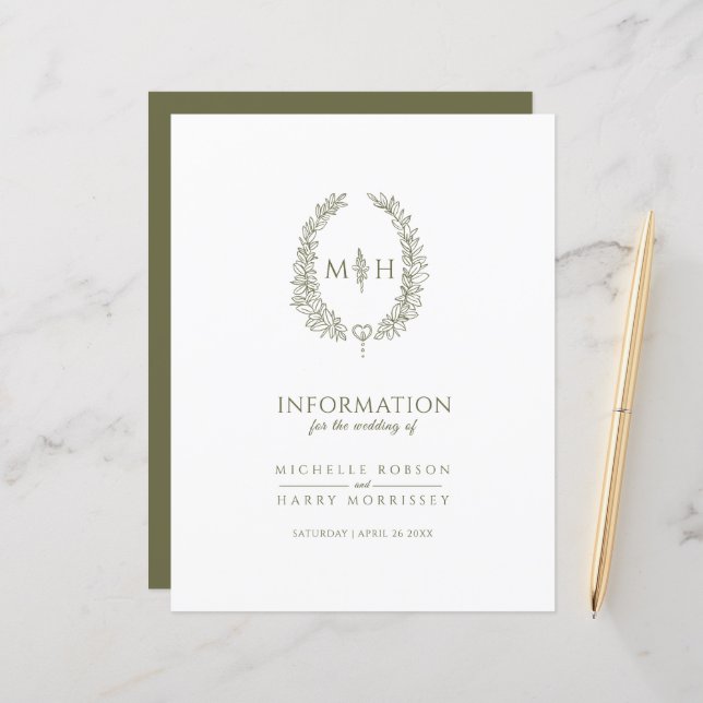 Olive green monogram wedding guest information (Front/Back In Situ)