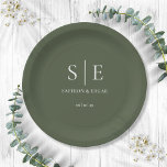Olive Green Monogram Wedding Paper Plate<br><div class="desc">This chic minimalist olive green wedding paper plate can be personalized with your monogram initials,  names and special date. Designed by Thisisnotme©</div>