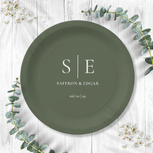 Olive Green Monogram Wedding Paper Plate