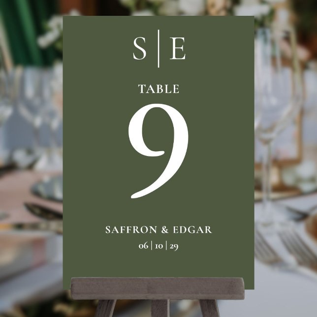 Olive Green Monogram Wedding Table Number  (Olive Green Monogram Wedding Table Number)