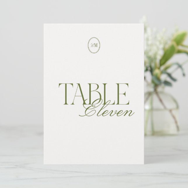 Olive Green Monogram Wedding Table Number Card (Standing Front)