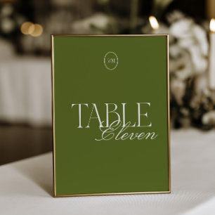 Olive Green Monogram Wedding Table Number Card