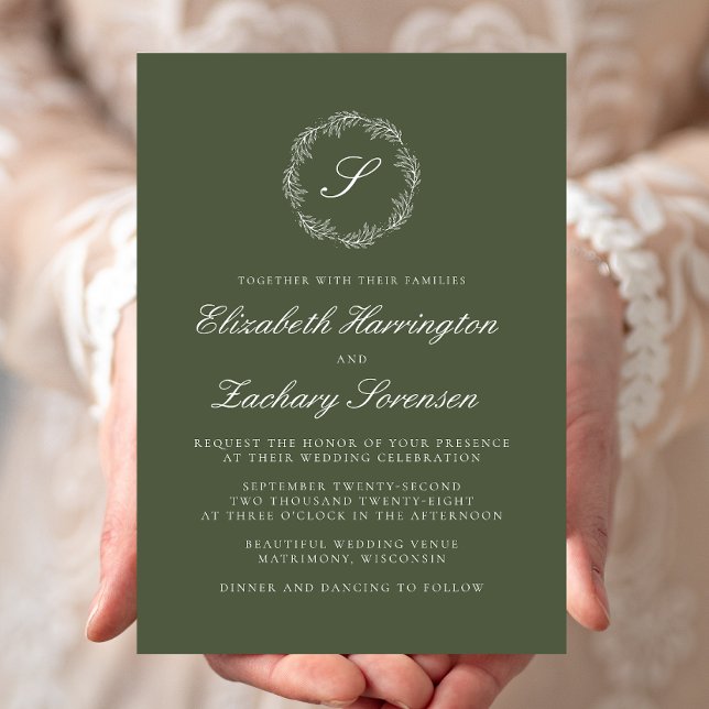 Olive Green Monogram Wreath White Script Wedding Invitation (Creator Uploaded)