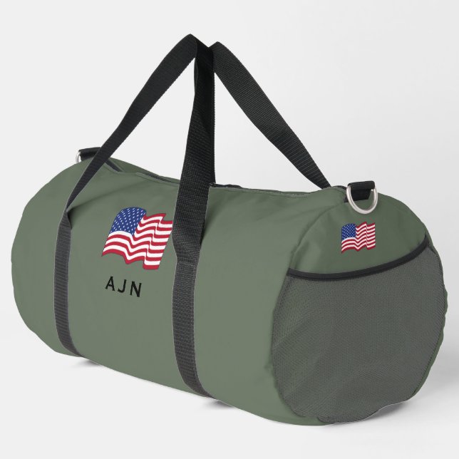 Olive Green Monogrammed American Flag Duffel Bag (Right Corner)