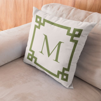Olive Green Monogrammed Greek Key Border Cushion