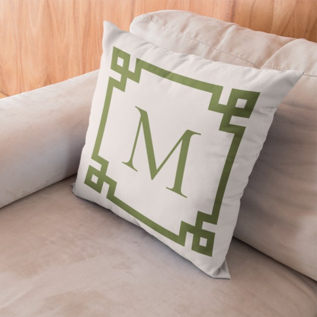 Olive Green Monogrammed Greek Key Border Cushion (Create your own monogrammed Greek Key border square throw pillow.)