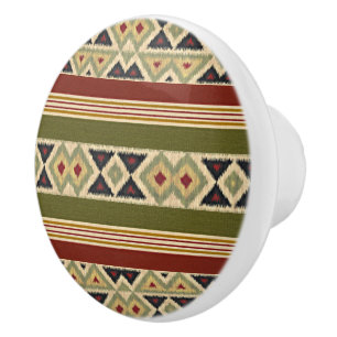 Olive Green Mustard Ochre Yellow Tribal Ikat Art Ceramic Knob