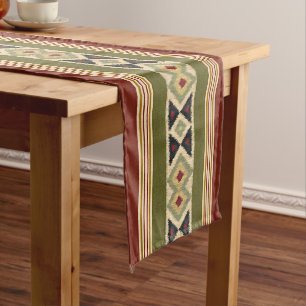 Olive Green Mustard Ochre Yellow Tribal Ikat Art Medium Table Runner