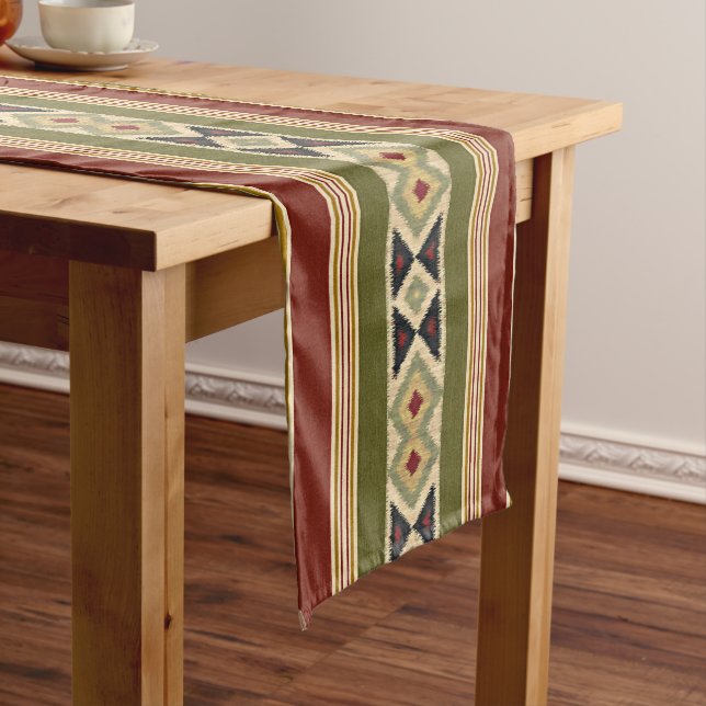 Olive Green Mustard Ochre Yellow Tribal Ikat Art Short Table Runner (In Situ)