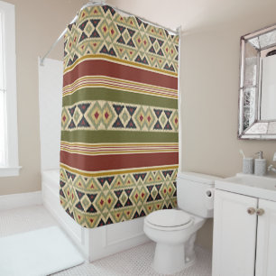 Olive Green Mustard Ochre Yellow Tribal Ikat Art Shower Curtain