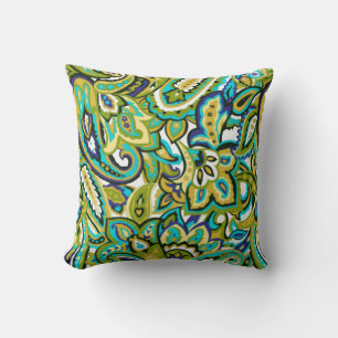 Olive Green Mustard Yellow Turquoise Blue Paisley Cushion