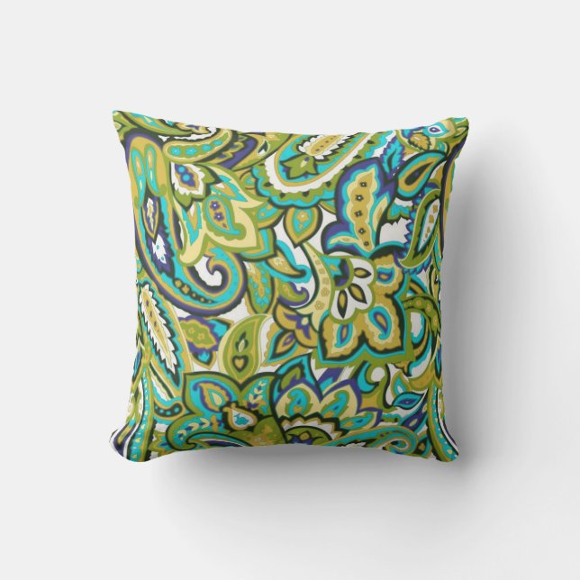 Olive Green Mustard Yellow Turquoise Blue Paisley Cushion (Front)