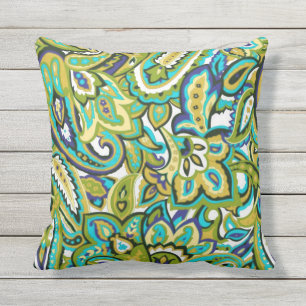 Olive Green Mustard Yellow Turquoise Blue Paisley Cushion