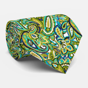Olive Green Mustard Yellow Turquoise Blue Paisley Tie