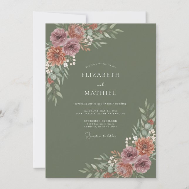 Olive Green Muted Autumnal Wedding Invitation (Front)