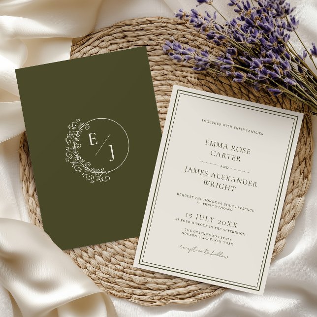 Olive Green Old Money Monogram Wedding Invitation (Creator Uploaded)