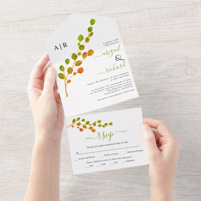 Olive green, orange round leaf branch wedding  all in one invitation (Tearaway)