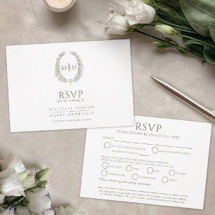 Olive green oval leaf monogram meal RSVP wedding