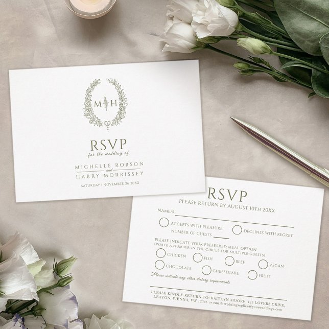 Olive green oval leaf monogram meal RSVP wedding Card (Creator Uploaded)