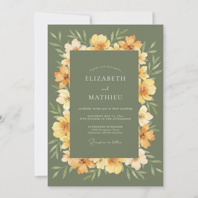 Olive Green Painterly Floral Arch Wedding Invitation (Front)