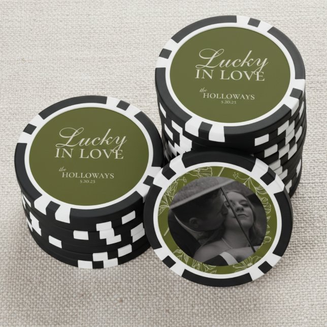 Olive Green Personalised Wedding Guest Book Poker Chips (Add a playful and memorable twist to your guest book with these “Lucky in Love” poker chips!)