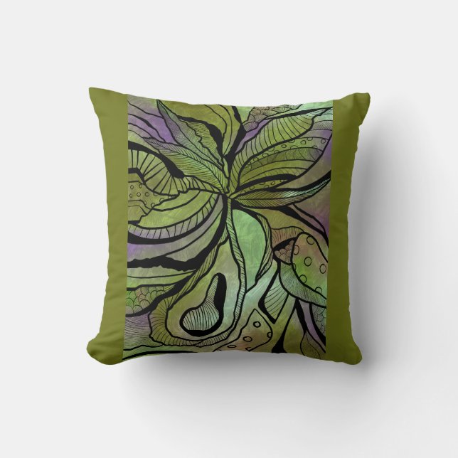 Olive green pillow with abstract floral design (Front)
