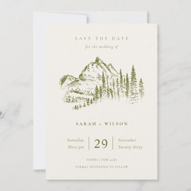 Olive Green Pine Mountain Sketch Save The Date Thank You Card (Front)