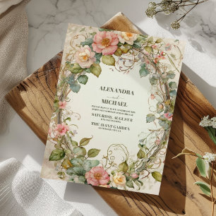 Olive Green Pink Floral Art Nouveau  Wedding  Invitation