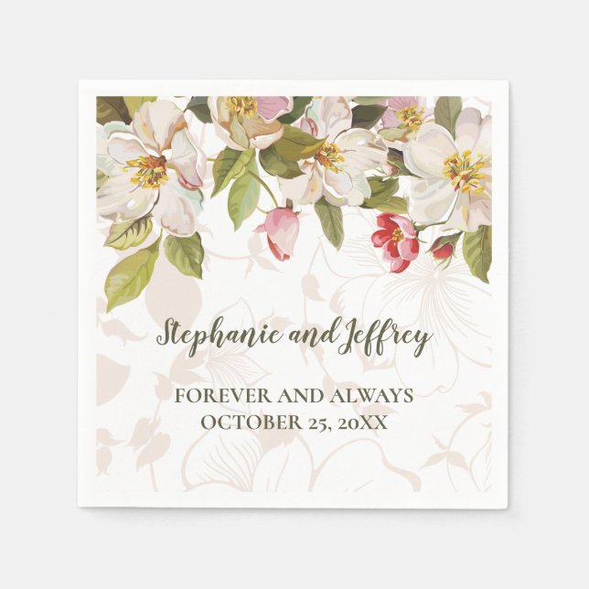 Olive Green + Pink Magnolia Floral Wedding Napkins (Front)