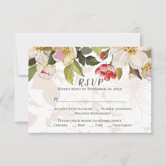 Olive Green Pink Magnolia Flowers Wedding RSVP (Front)