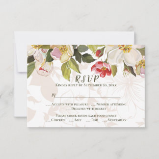 Olive Green Pink Magnolia Flowers Wedding RSVP