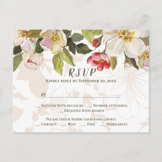 Olive Green Pink Magnolia Flowers Wedding RSVP Postcard