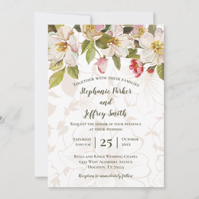 Olive Green Pink Magnolias Floral Wedding Invite (Front)