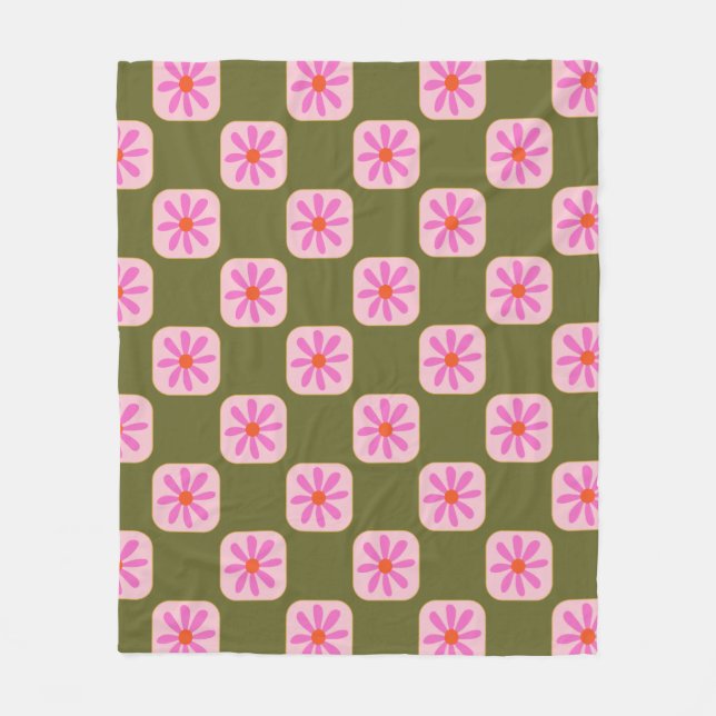 Olive Green Pink Retro Daisy Chequered Groovy Fleece Blanket (Front)