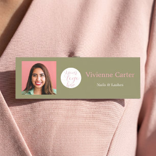 Olive Green Pink Script Logo Photo Nail Salon Name Tag