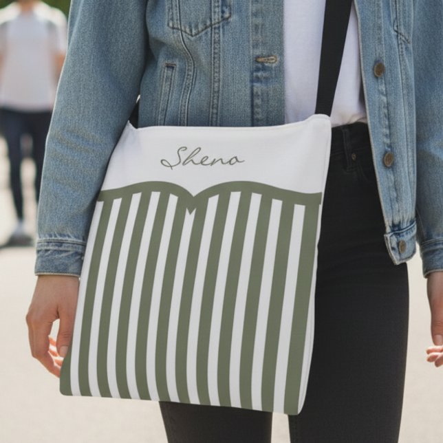 Olive Green Pinstriped Monogram Crossbody Bag (Boho meets bold with scalloped stripes and custom name make this bag stand out.)