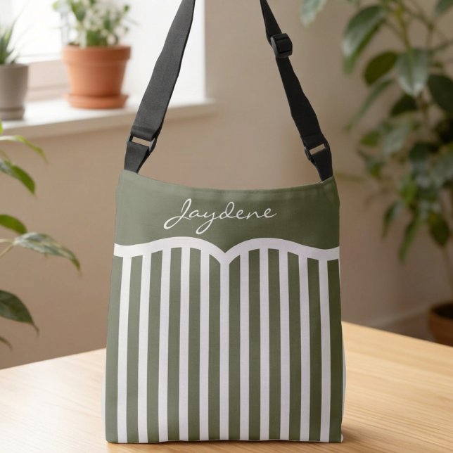 Olive Green Pinstriped Monogram Crossbody Bag (White and green stripes meet black hardware for a sleek, travel-ready look. Customize the name area.)