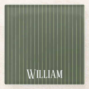 Olive green pinstripes glass coaster