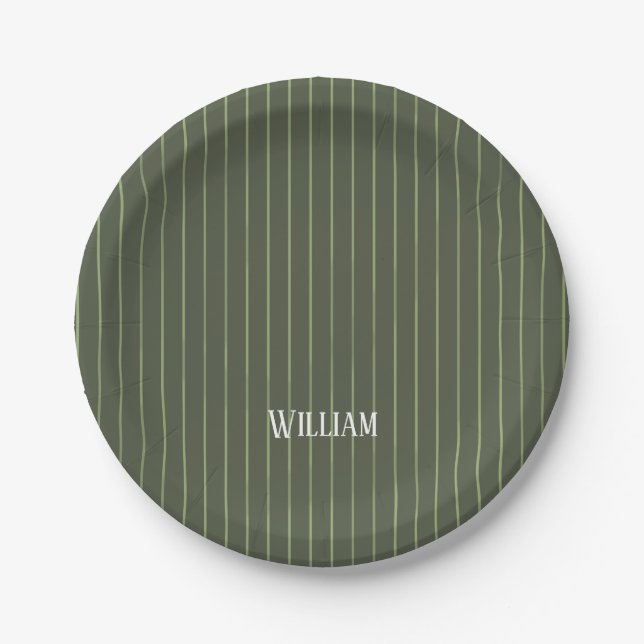 Olive green pinstripes paper plate (Front)