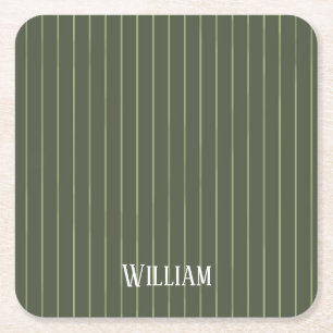 Olive green pinstripes square paper coaster