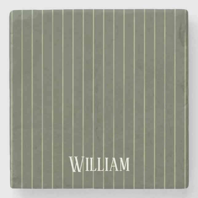 Olive green pinstripes stone coaster (Front)