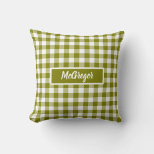 Olive Green Plaid Gingham Personalized Cushion