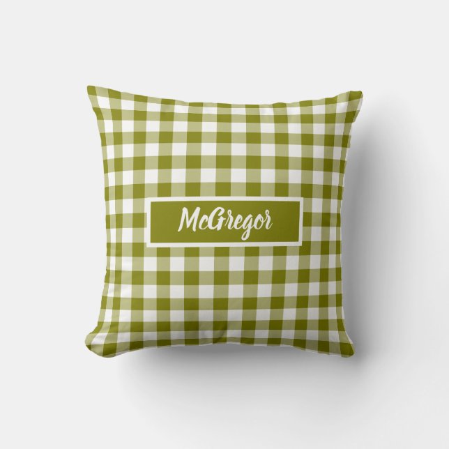 Olive Green Plaid Gingham Personalized Cushion (Front)