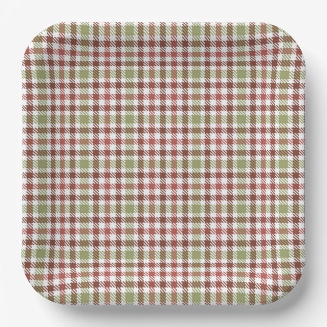 Olive Green Plaid Paper Plate (Front)