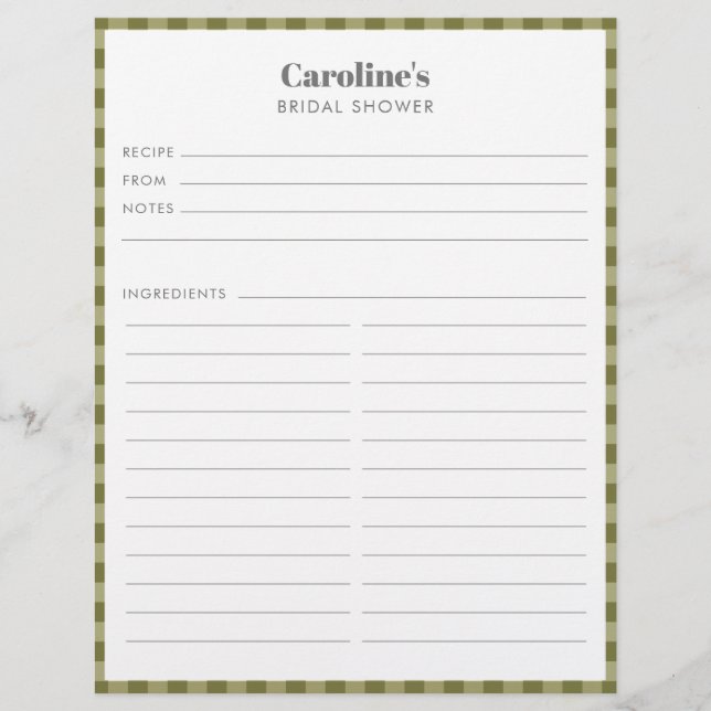 Olive Green Plaid Recipe Custom Name Bridal Shower Flyer (Front)