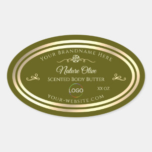 Olive Green Product Label with Gold Frame and Logo