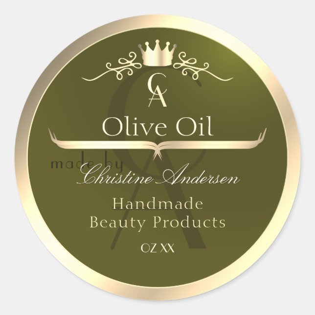 Olive Green Product Label with Gold Frame Monogram (Front)
