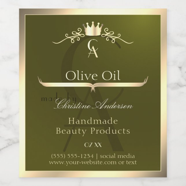 Olive Green Product Label with Gold Frame Monogram (Single Label)